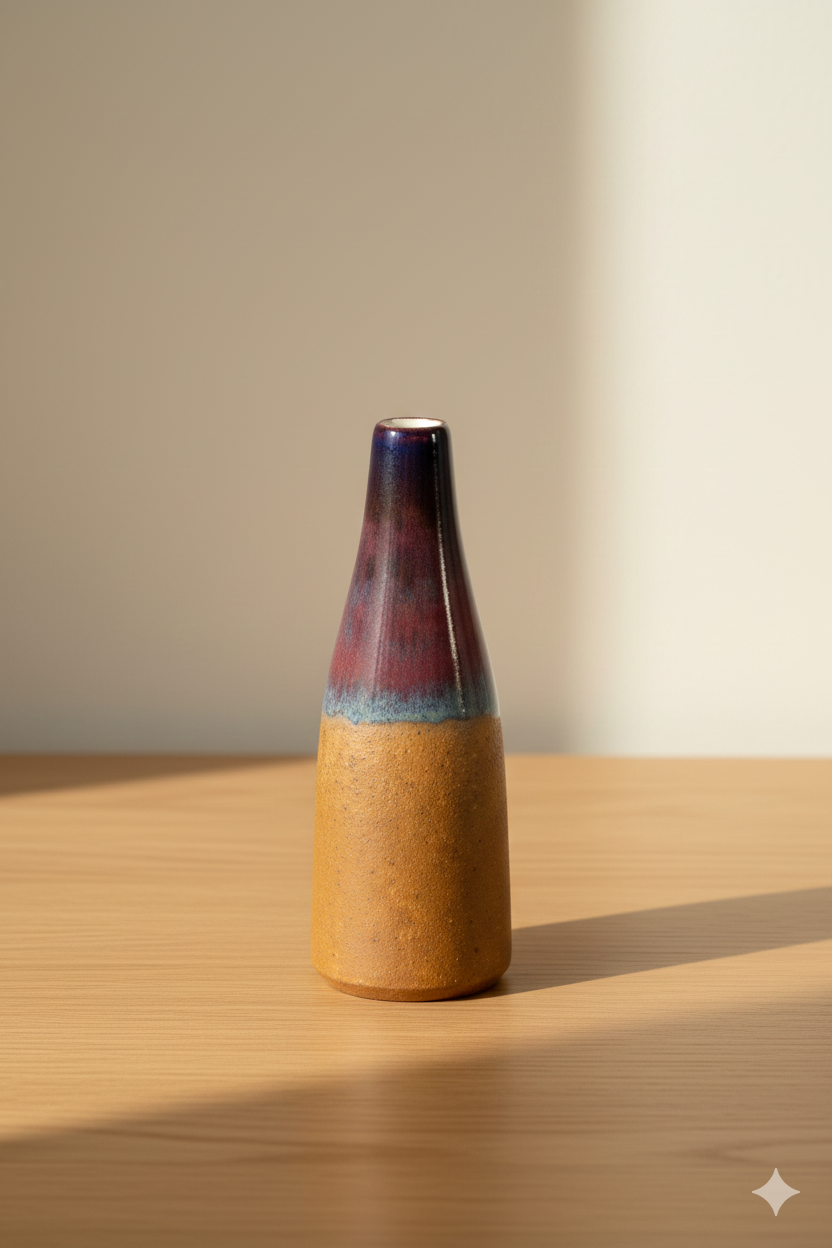 Vibrant ceramic bottle on a wooden surface with a neutral background