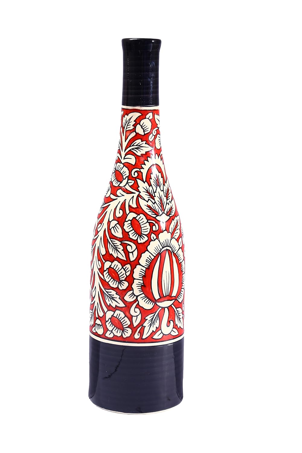 A ceramic vase with a red and black Mughal flower pattern, featuring a glossy finish and perfectly shaped edges.