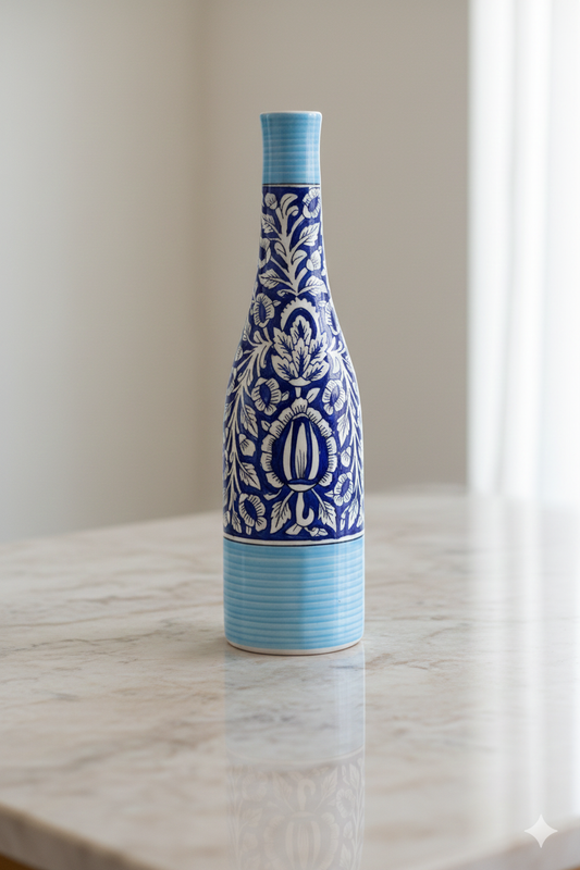 Decorative ceramic bottle with blue and white pattern on a marble surface