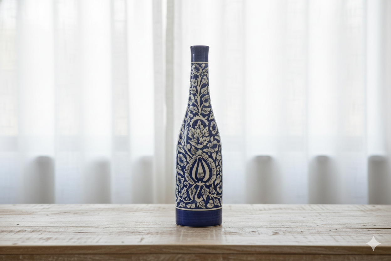 Decorative bottle with intricate patterns on a wooden surface in front of white curtains