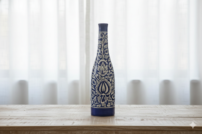 Decorative bottle with intricate patterns on a wooden surface in front of white curtains