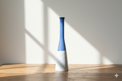Blue and white vase on a wooden surface with sunlight casting shadows