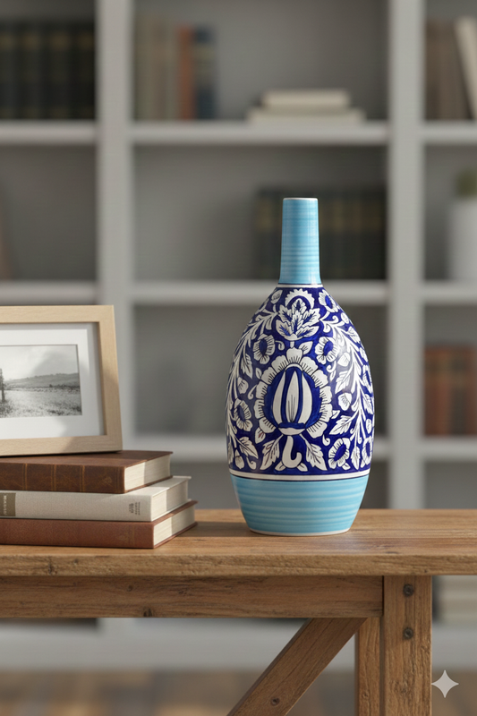 Decorative blue and white vase on a wooden table with a blurred bookshelf background