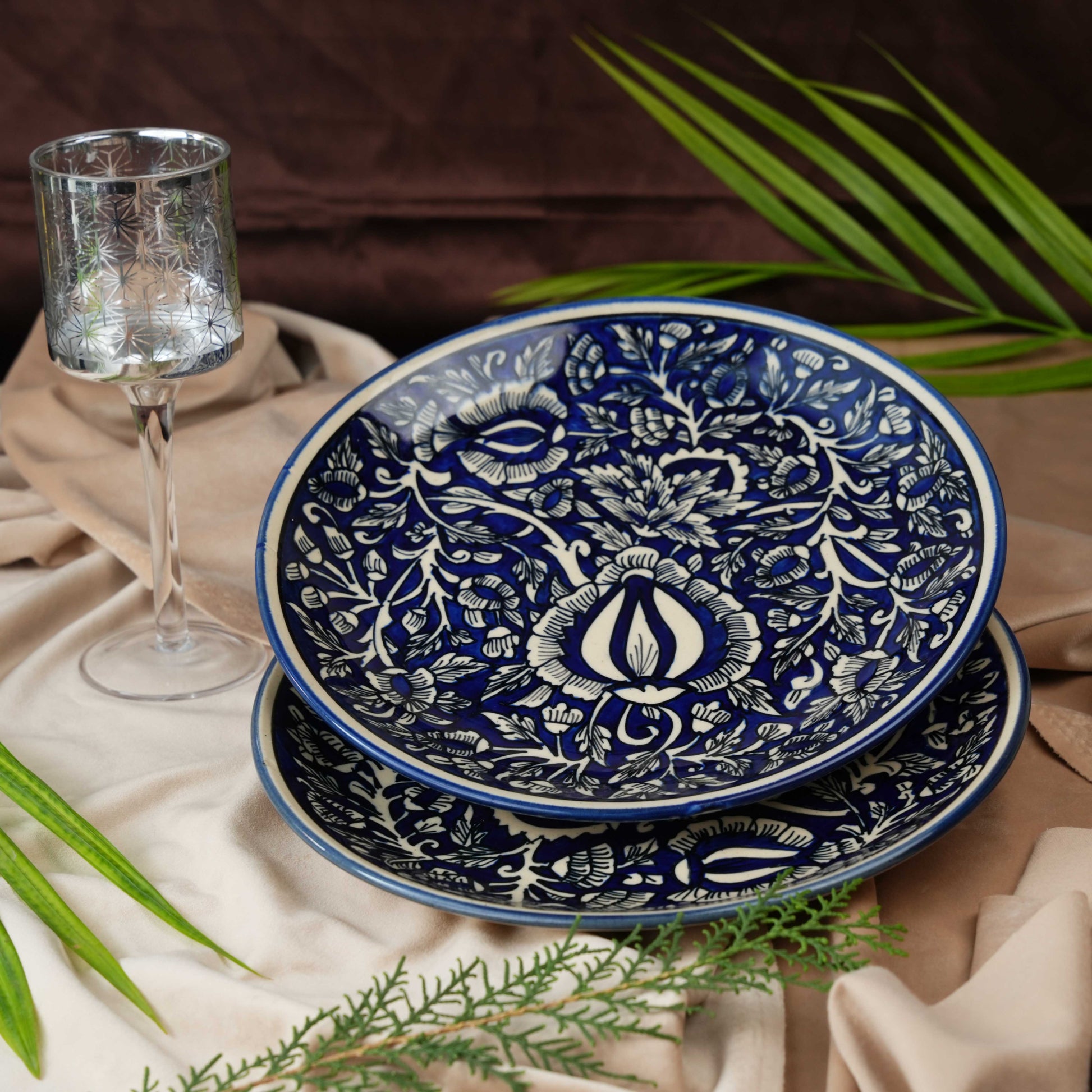 Caffeine Ceramic Handmade Stoneware Blue Mughal Dinner Plates set of 4 - Caffeine Premium Stoneware