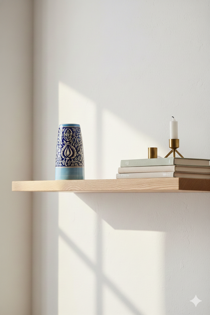 Wooden shelf with decorative items against a white wall
