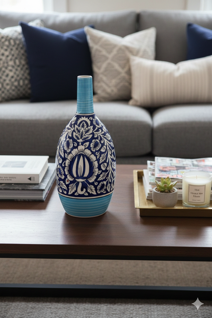 Decorative blue and white vase on a coffee table with a couch and pillows in the background