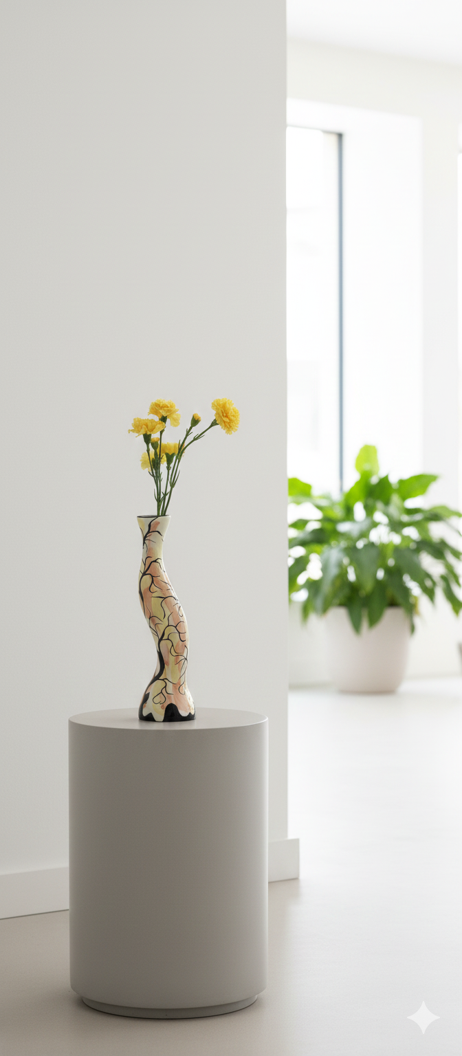 Decorative vase with flowers on a white pedestal in a minimalistic room.