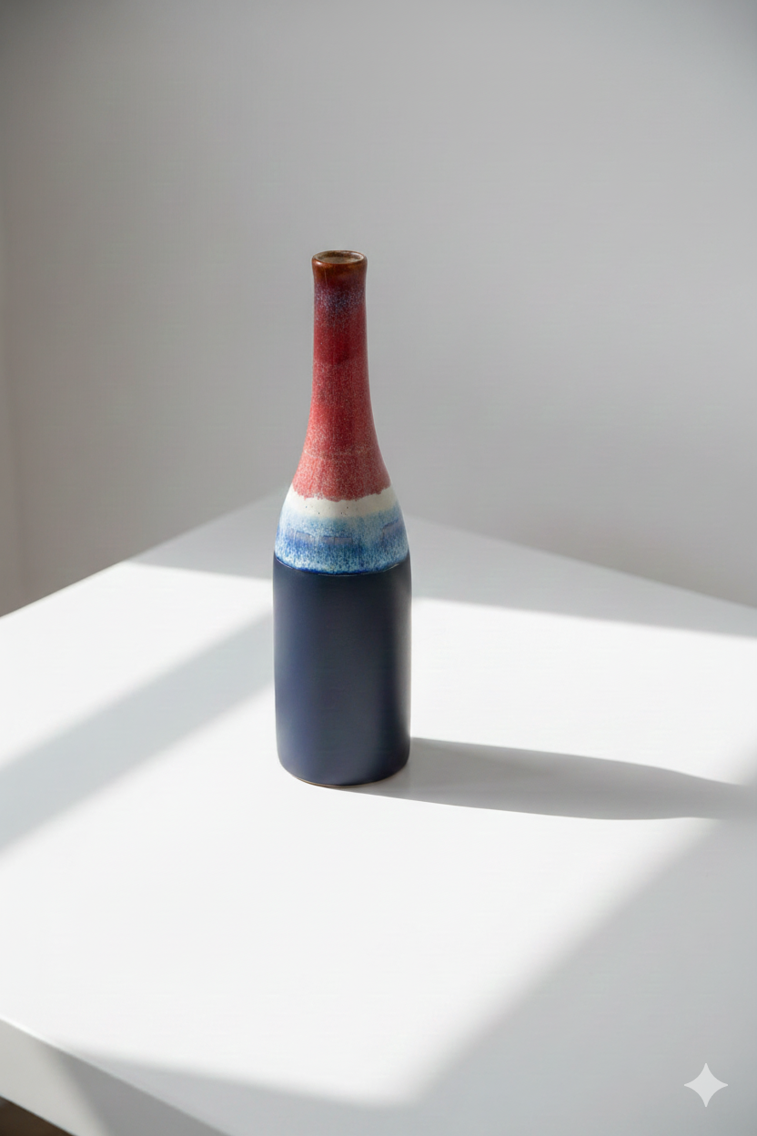 Ceramic vase with multicolored design on a white surface