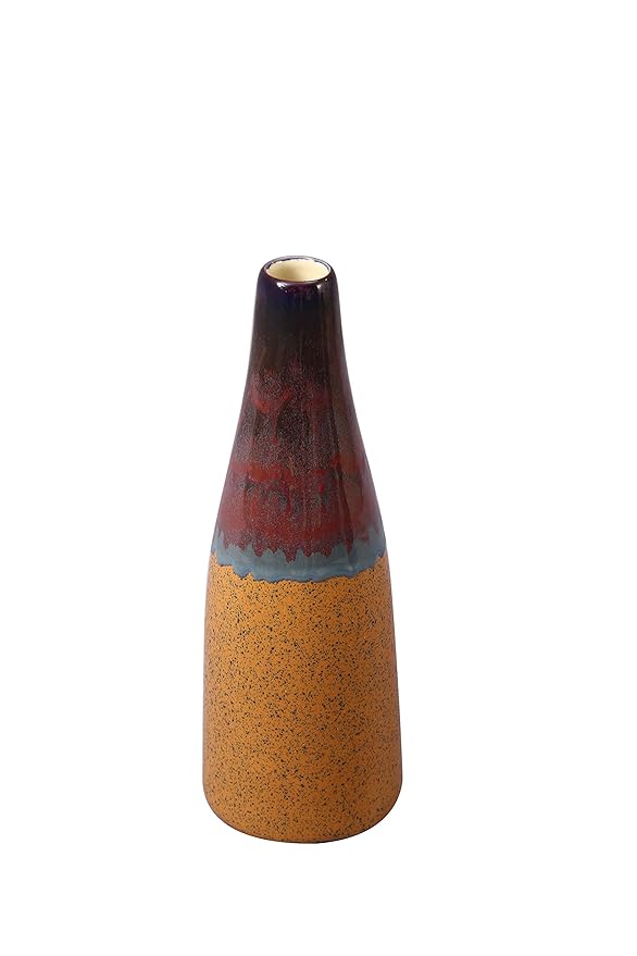 A handmade ceramic vase with a mustard bottle shape, featuring a glossy finish and decorative details in a mustard color.