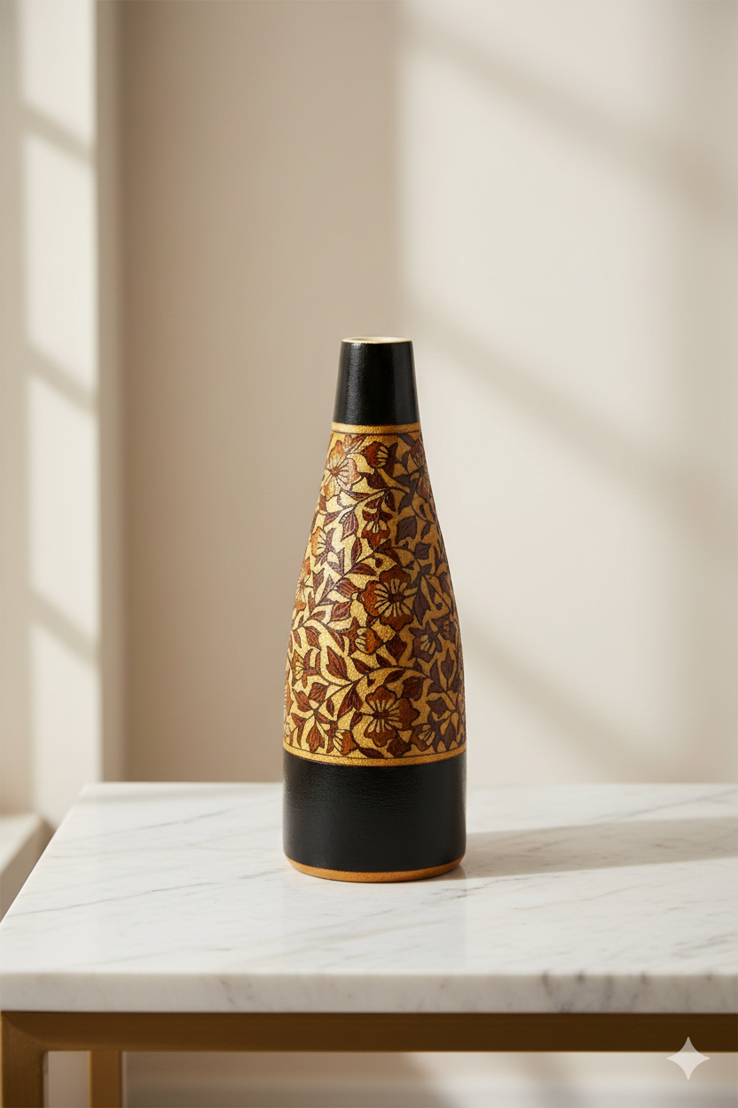 Decorative vase with black and gold pattern on a marble surface
