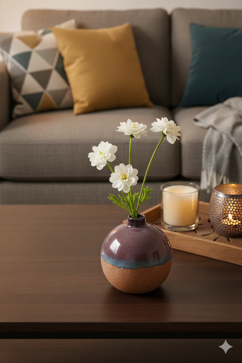 Decorative vase with flowers on a coffee table in a living room setting