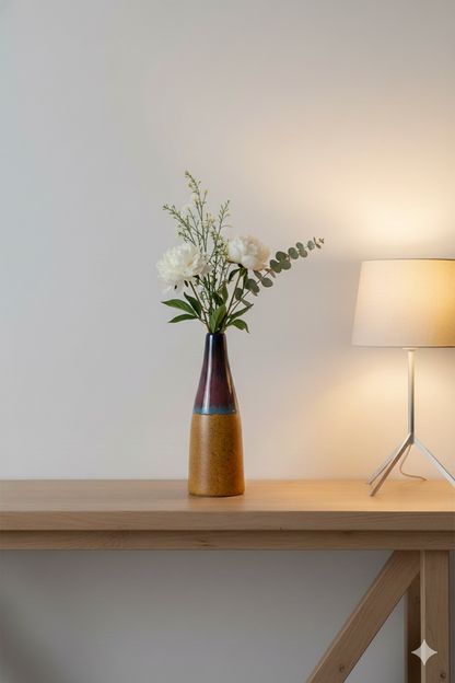 Vase with flowers on a wooden table next to a lamp against a plain wall