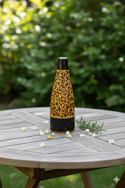 Decorative bottle with gold and black pattern on a wooden table outdoors
