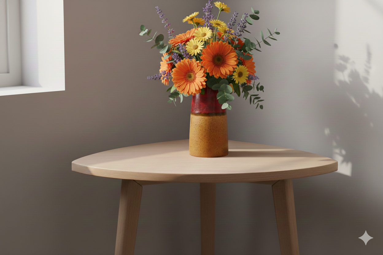Colorful bouquet in a vase on a wooden table against a neutral wall.