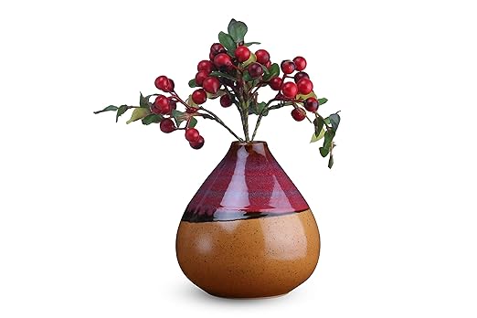 Handmade ceramic flower vase in mustard and red color with oval studio shape, modern home decor accent for living room and dining table