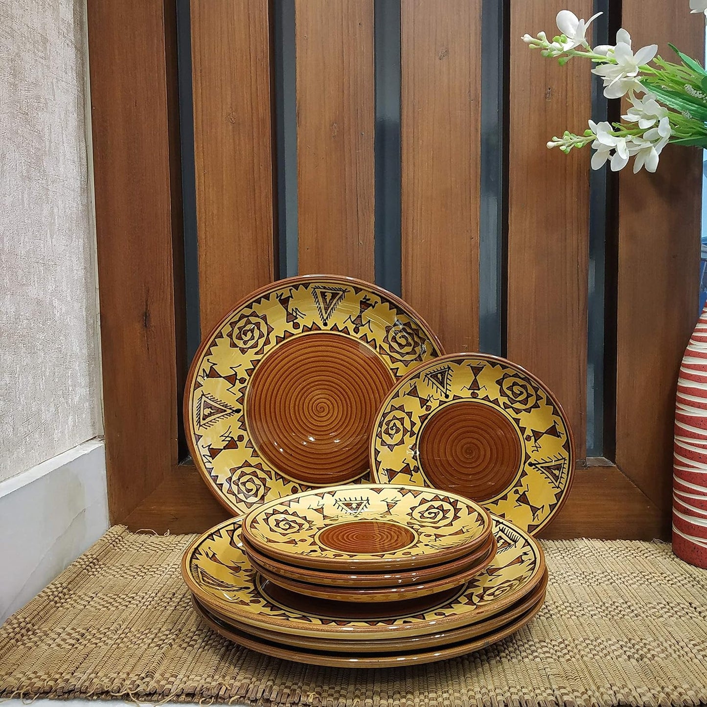 Caffeine Ceramic Handmade Mustard Romani Combo Dinner Set (10 pcs.)