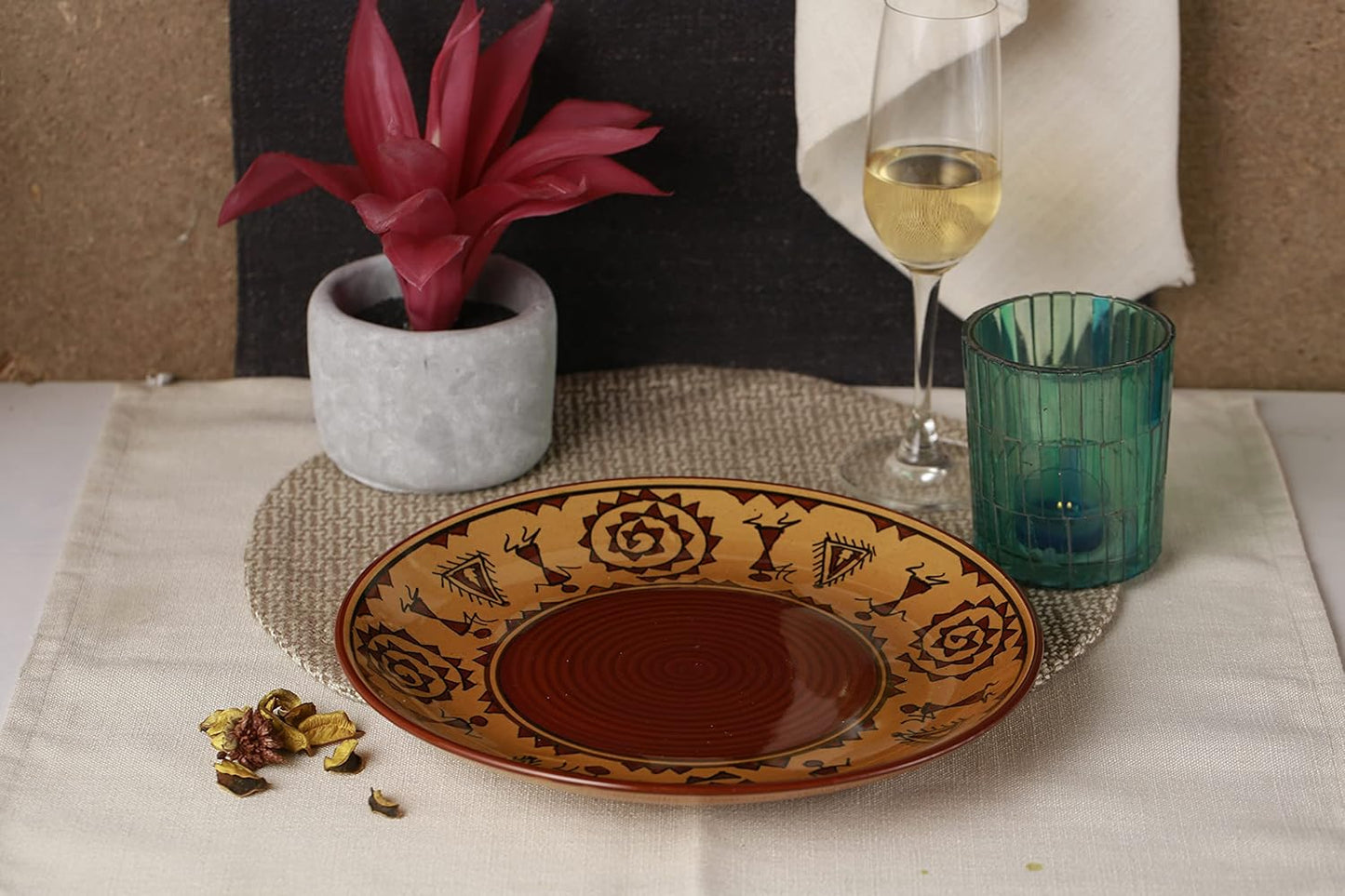 Caffeine Ceramic Handmade Mustard Romani Dinner Set (24 pcs.)