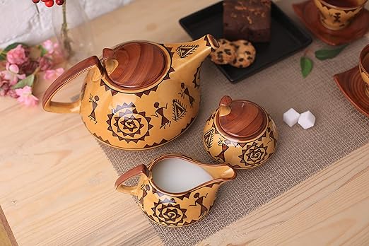 Caffeine Ceramic Handmade Mustard Romani Printed Tea Sets (Set of 15 pcs) - Caffeine Premium Stoneware
