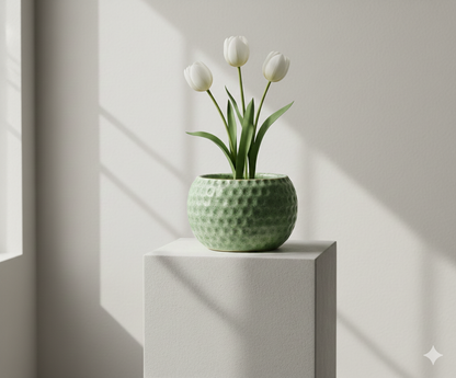 Green textured pot with white tulips on a white pedestal against a light gray wall.