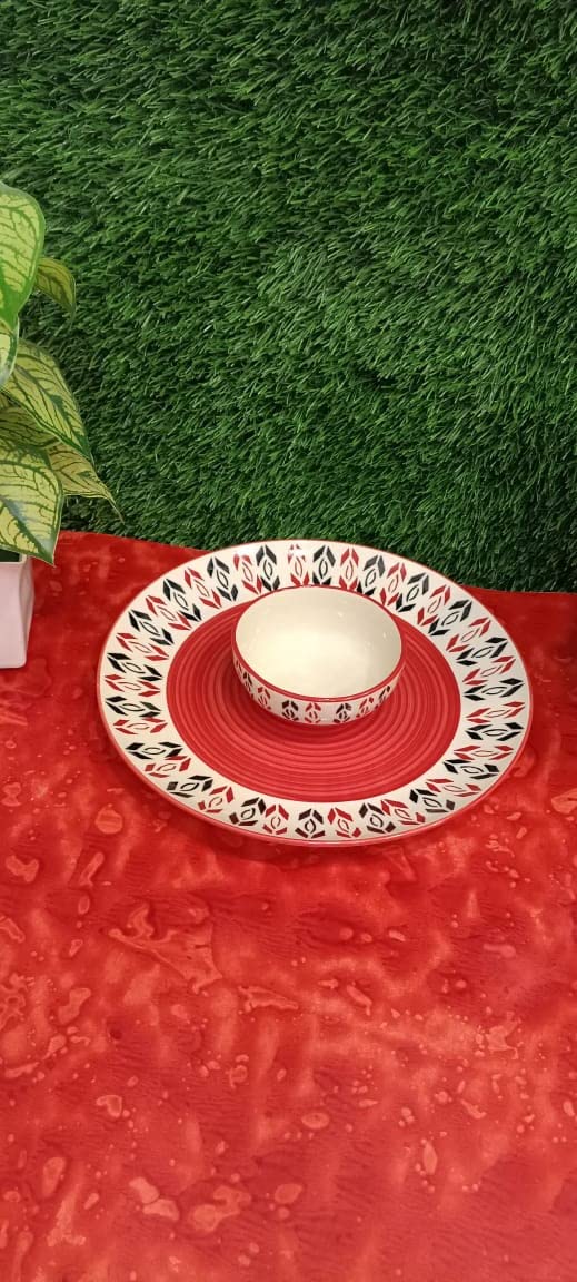 Caffeine Ceramic Handmade Orange Arrow Pattern Combo Dinner set (2 pcs.)