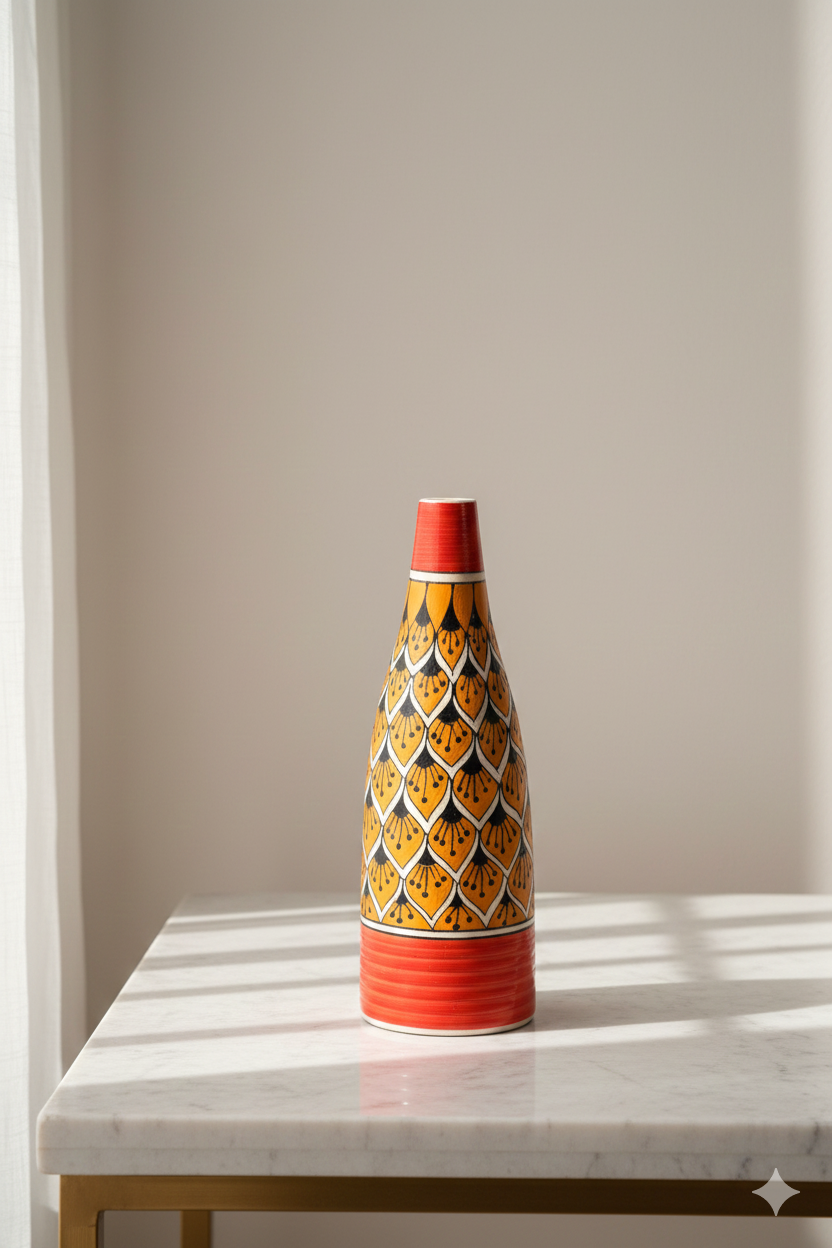 Decorative ceramic bottle with geometric pattern on a marble surface