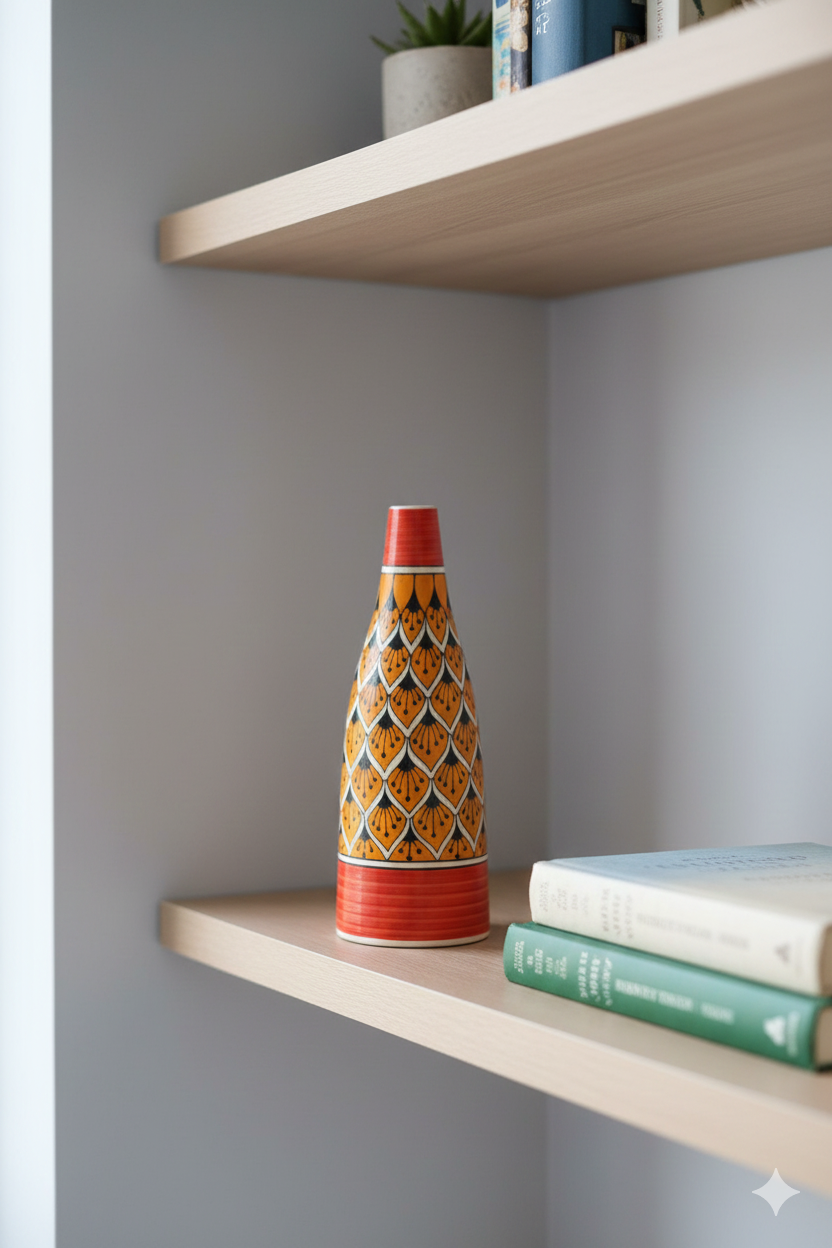 Decorative bottle on a wooden shelf with books and a plant in the background