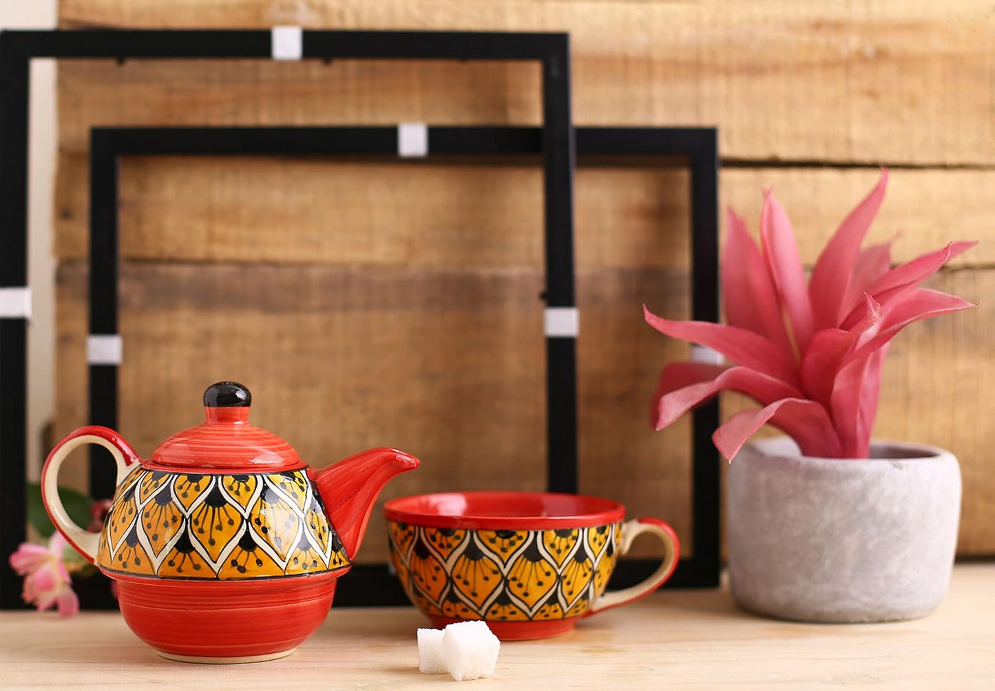 Caffeine Ceramic Handmade Orange Morocco 2 in1 Tea Pot (Set of 1, Single Kettle with Cup)