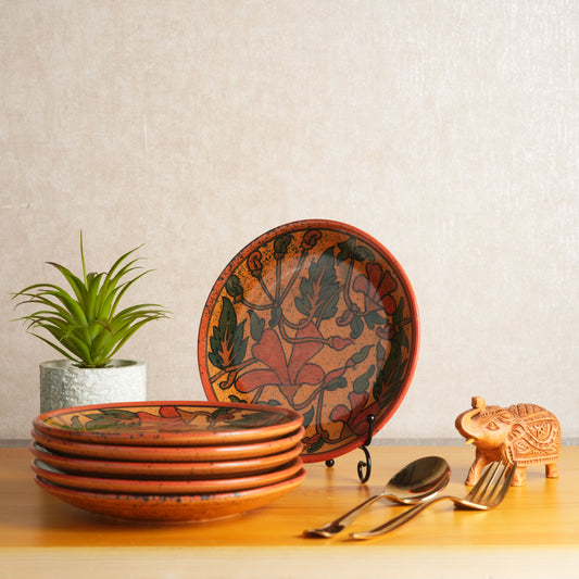 Caffeine Ceramic Handmade Stoneware Orange Flora Dinner Plates10 inch Set of 6 (Microwave & Dishwasher Safe) - Caffeine Premium Stoneware