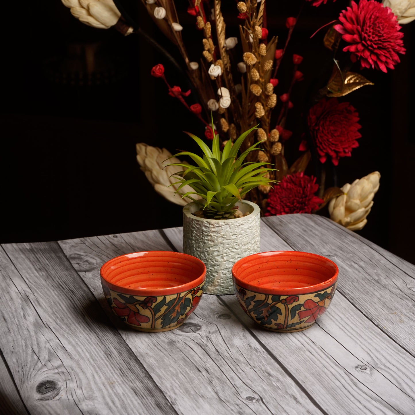 Orange_floral_ceramic_bowls_Set_of_2 - Caffeine Premium Ceramic