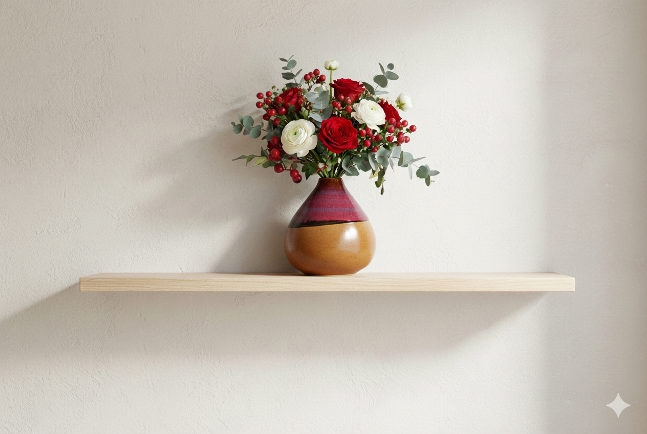 Decorative vase with flowers on a wooden shelf against a plain wall