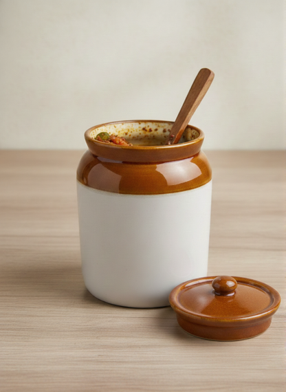 White ceramic jar with brown lid and handle, containing food, on a wooden surface.