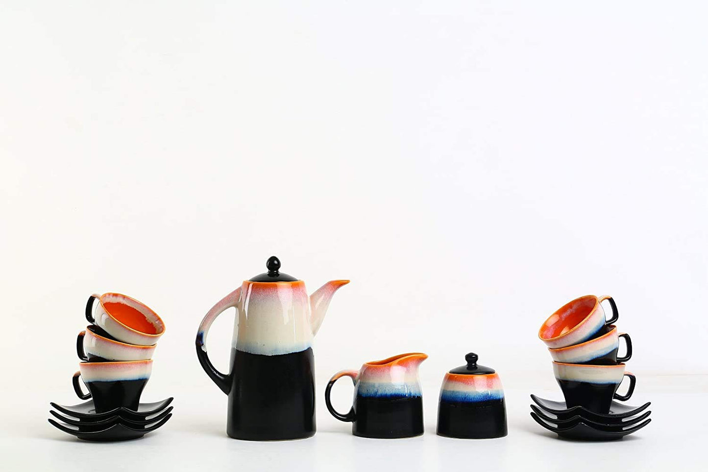 Caffeine Ceramic Handmade Stoneware Pink and Black Studio Tea Set of 15 - Caffeine Premium Stoneware