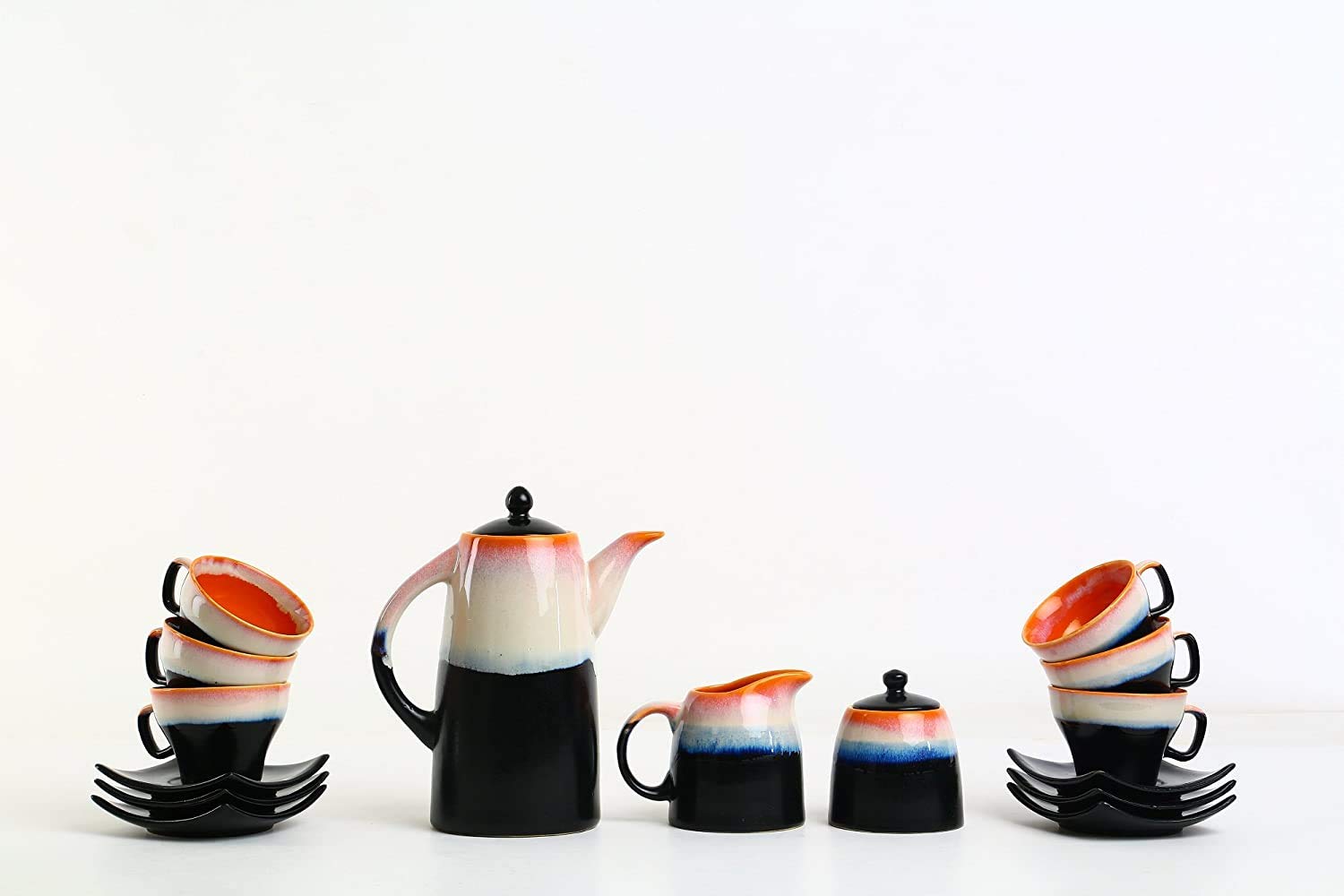 Caffeine Ceramic Handmade Stoneware Pink and Black Studio Tea Set of 15 - Caffeine Premium Stoneware