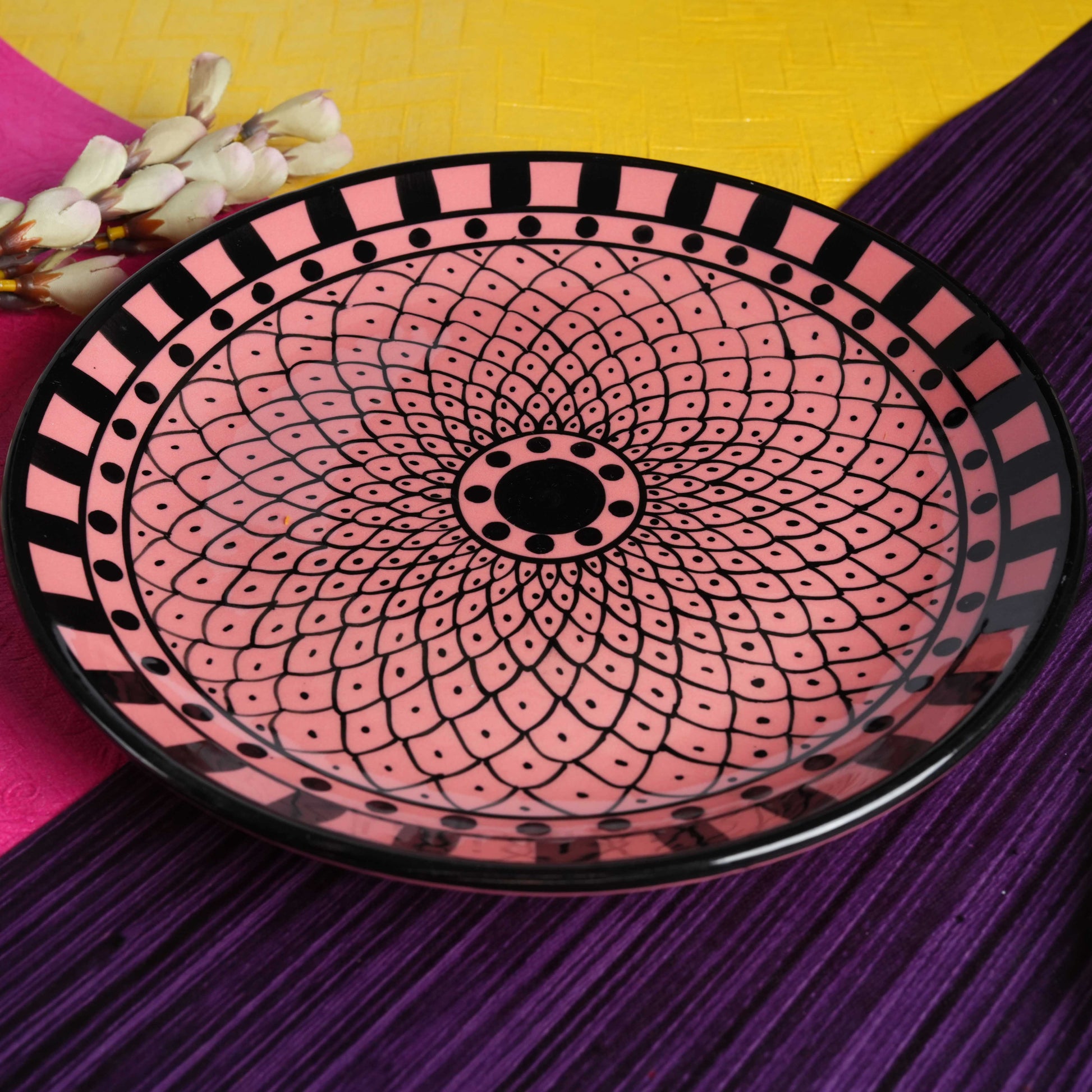 Caffeine Ceramic Handmade Pink Flower Printed Dinner Plate 10" inch(Set of 2) - Caffeine Premium Stoneware