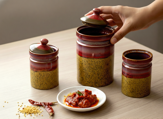 Three ceramic jars with a hand opening one, a plate of food on a wooden surface.