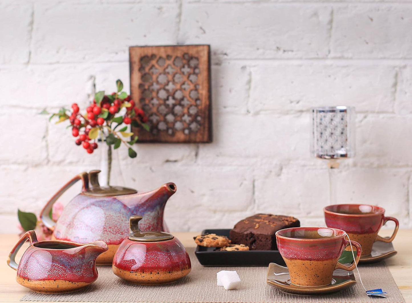 Caffeine Ceramic Handmade Stoneware Pink & Mustard Studio Tea Set) - Caffeine Premium Stoneware