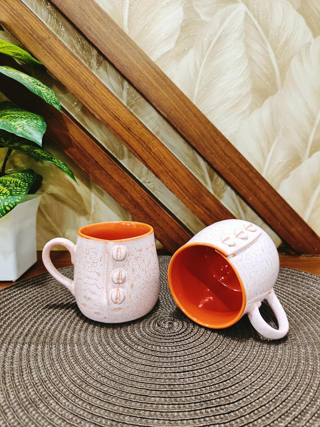 Caffeine Ceramic Handmade Matte Pink & Orange Crackle Buttoned Tea Cups Set of 2 - Caffeine Premium Stoneware