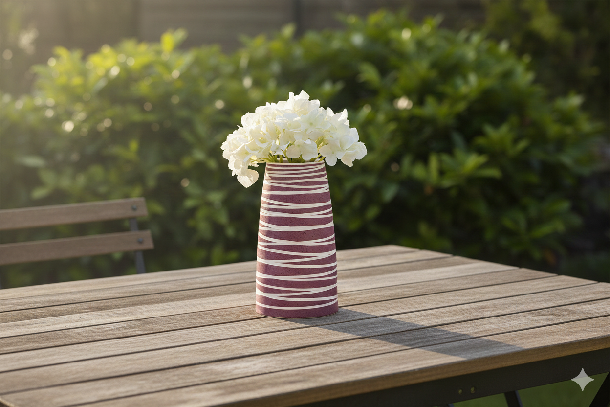 Striped vase with white flowers on a wooden table outdoors