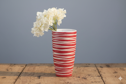 Red and white striped paper cup with white flowers on a wooden surface and gray background