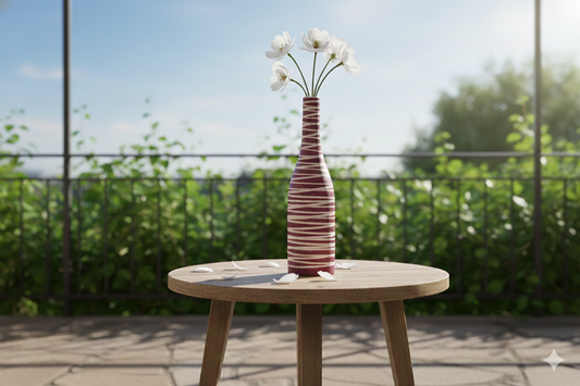 Decorative vase with flowers on a wooden table outdoors