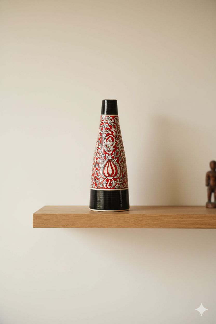 Decorative vase with intricate patterns on a wooden shelf against a plain wall.