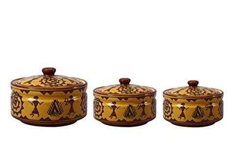 Caffeine Ceramic Handmade Mustard Romani Serving Casserole with Lid (Set of 3) - Caffeine Premium Stoneware