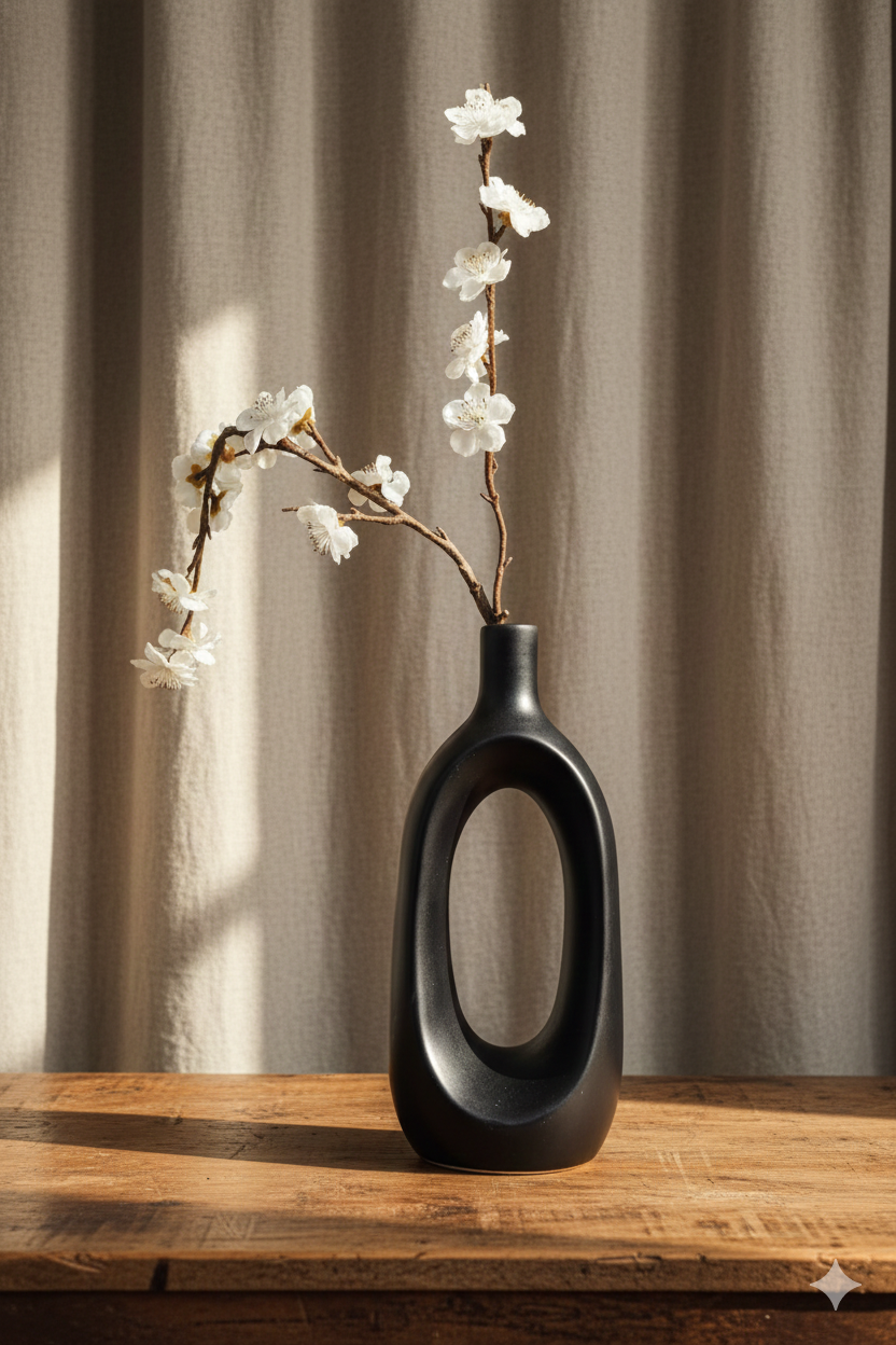 Black vase with white flowers on a wooden surface against a beige curtain background