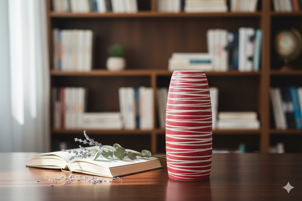 Red and white striped vase on a wooden table with an open book and greenery, blurred bookshelf in the background.
