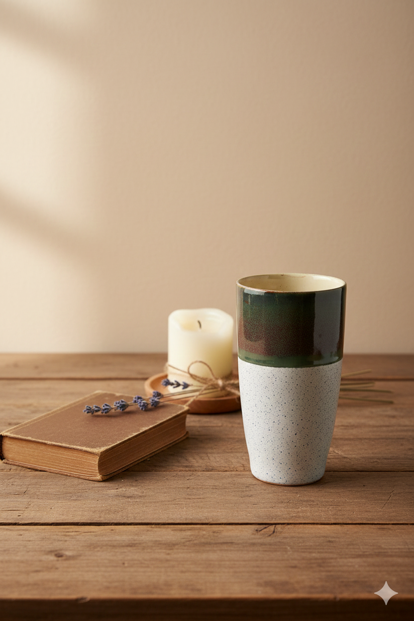 White ceramic cup with green interior on a wooden table with a candle and book in the background.