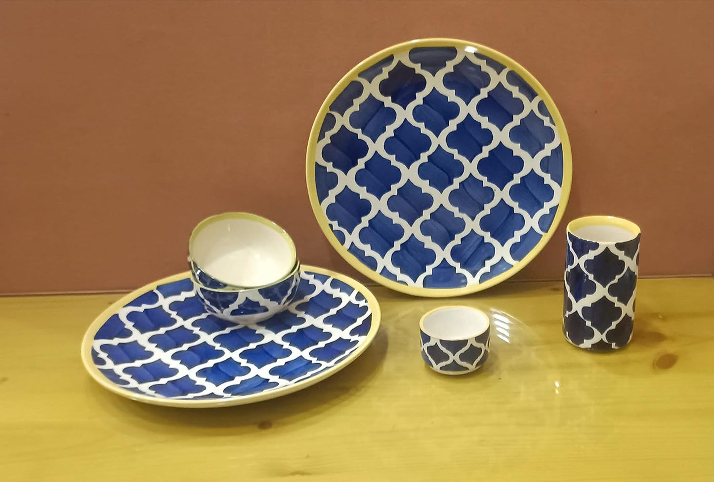 Caffeine Ceramic Handmade Blue Umrao Combo Dinner Set (Set of 11)