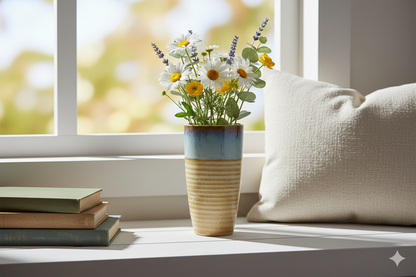 Vase with flowers on a windowsill next to books and cushions