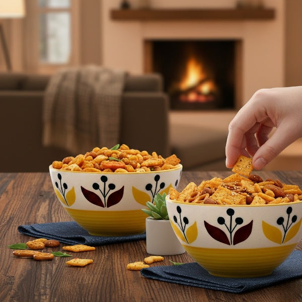 Premium Ceramic bowl katori set of 2 in white & Yellow