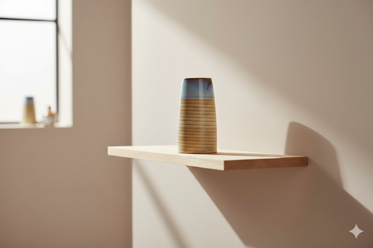 Vase on a shelf with a neutral background