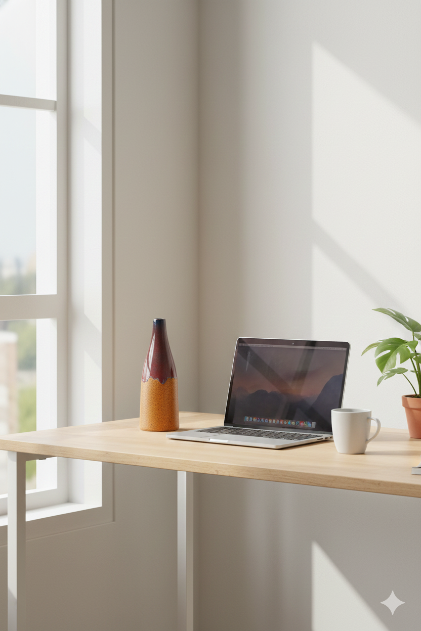 Modern office desk with laptop, mug, and bottle in a bright room.